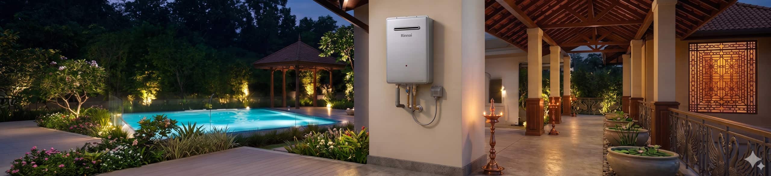 Rinnai gas water heater on a luxury Sri Lankan villa verandah overlooking a pool