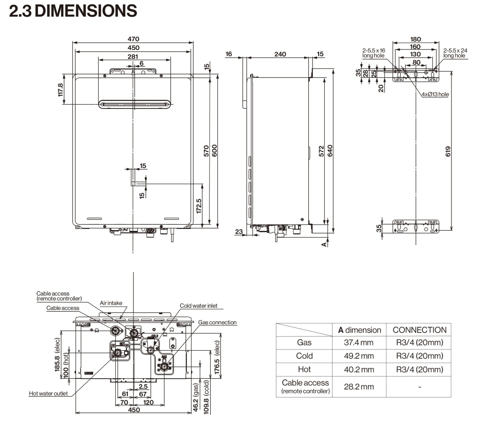 Technical Diagram for 32Ltr External Water Heater